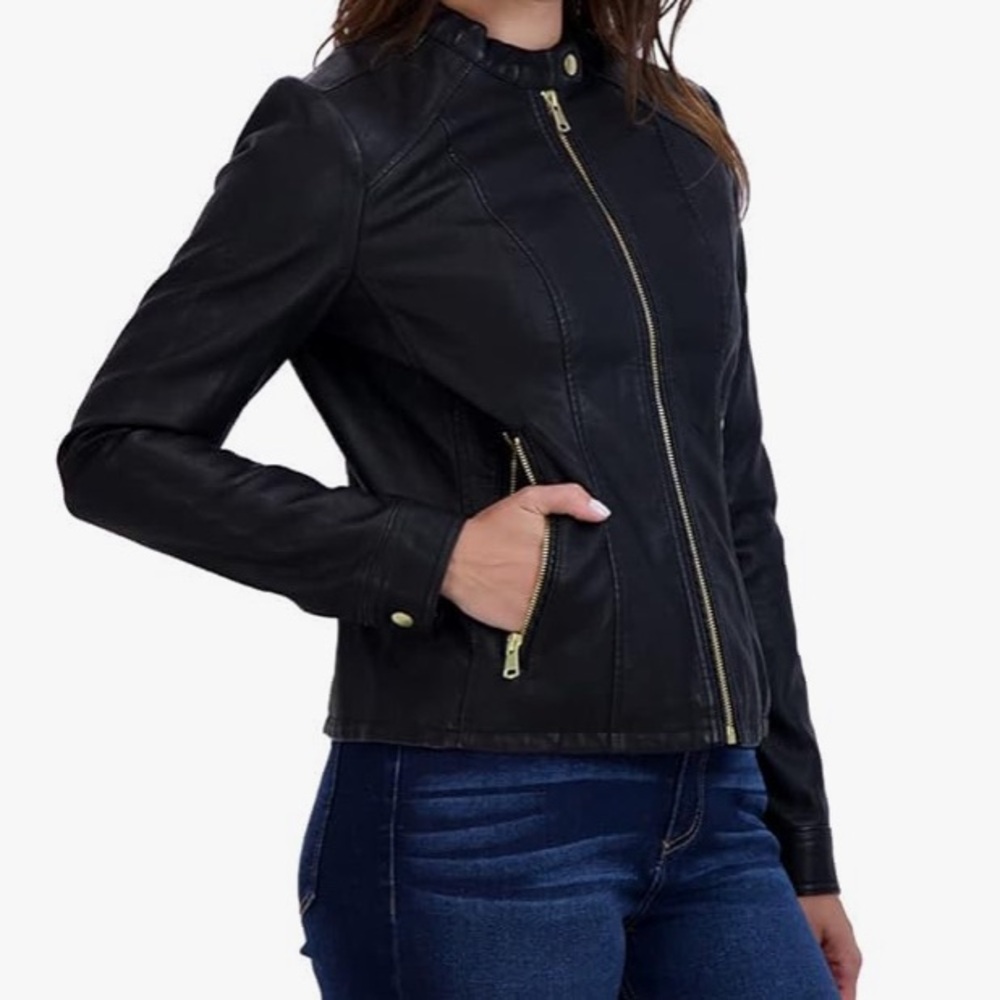 BACCINI Women's Black Faux Leather Moto Jacket